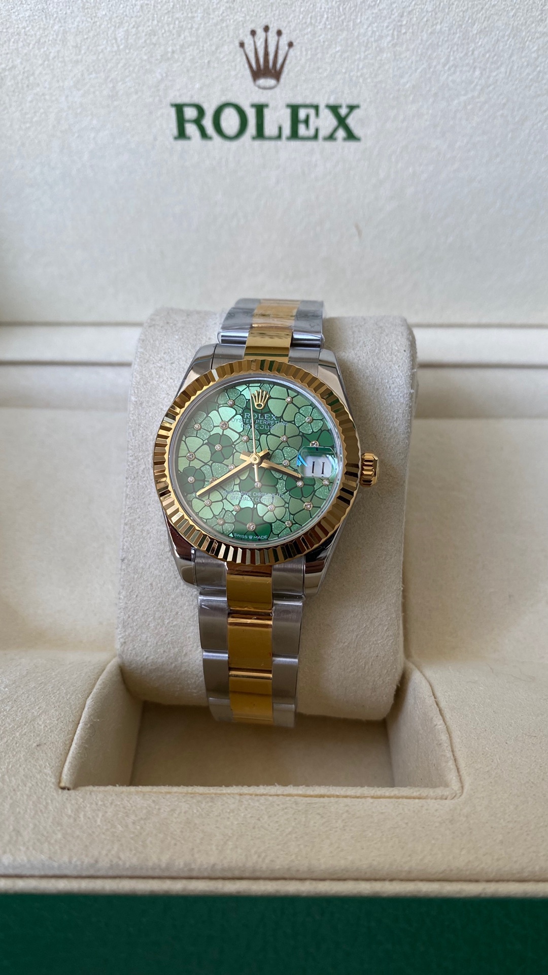 Rolex Datejust 31 Yellow Gold Olive Green Floral Motif Diamond Dial m278273 0031